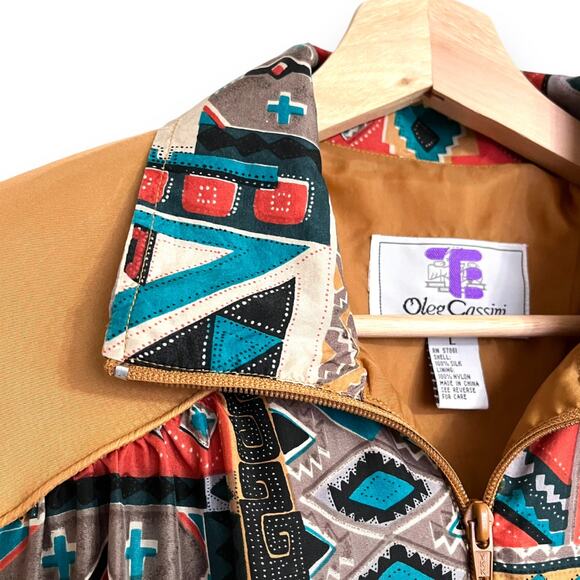 Vintage Oleg Cassini 100% Silk Western Print Full Zip Collared Jacket Women's L - Picture 6 of 8